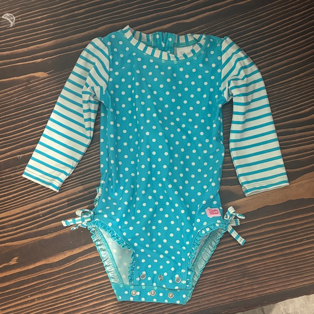 Ruffle Butts Aqua Polka Dots & Stripes one piece Bodysuit 12-18 months